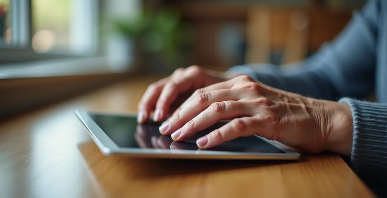 Jeune personne aidant une personne âgée sur une tablette dans un espace d'accueil public