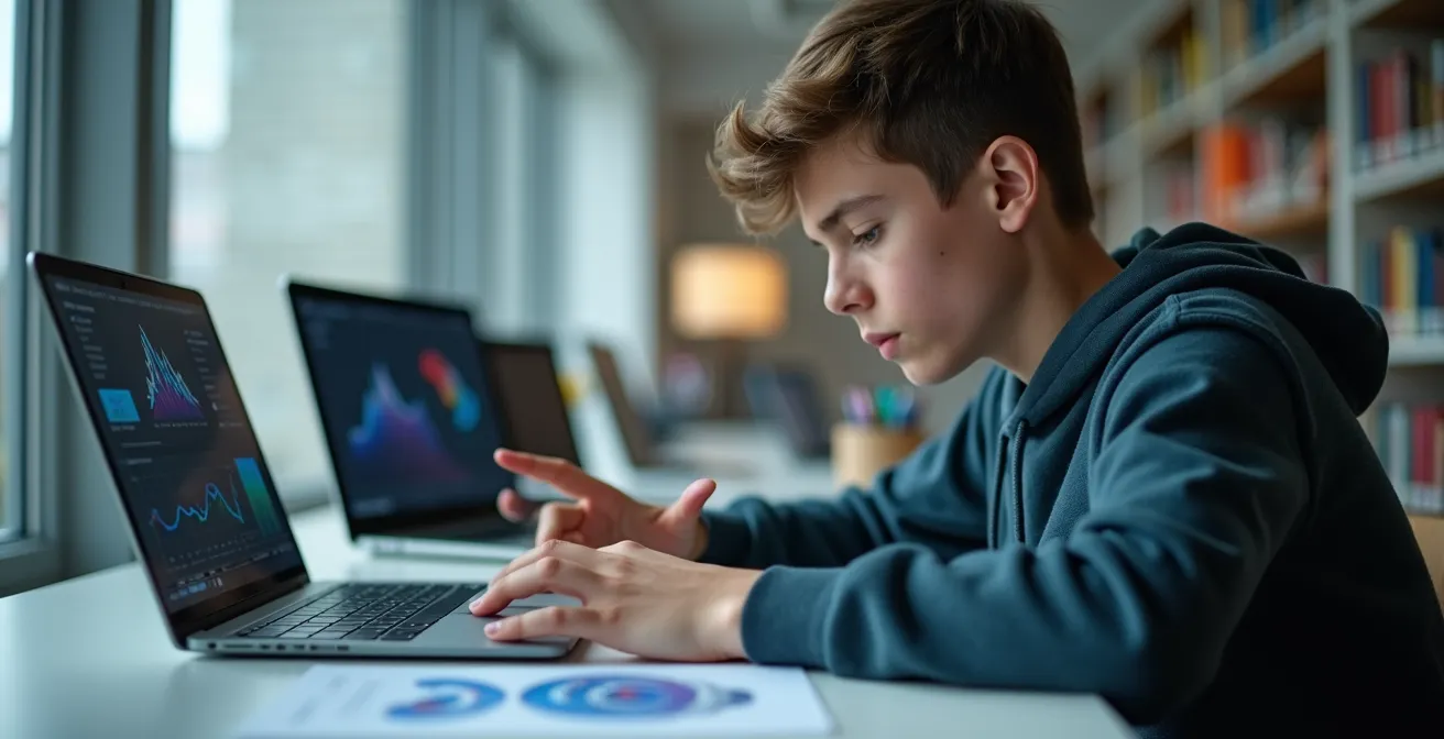 Jeune personne analysant plusieurs sources d'information sur différents supports numériques