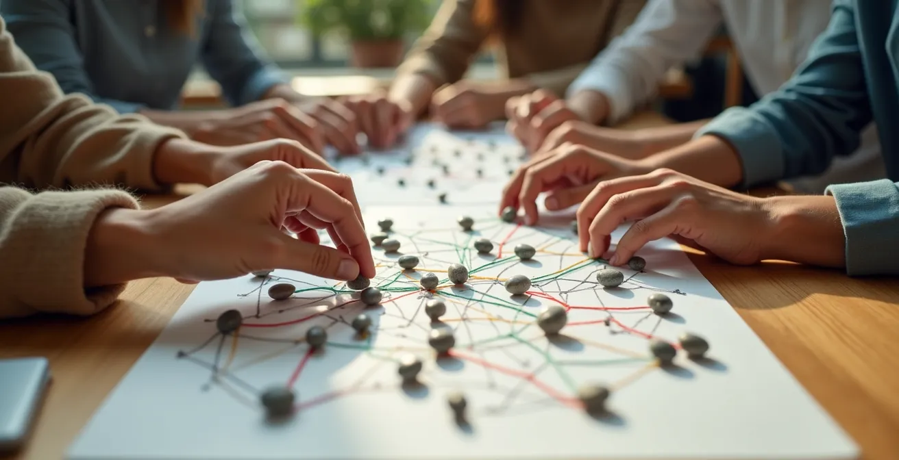 Vue rapprochée de mains analysant des connexions sur une surface de travail