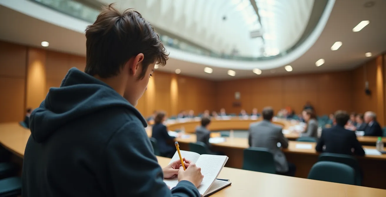 Personne prenant des notes lors d'un conseil municipal, illustrant l'apprentissage politique par la pratique
