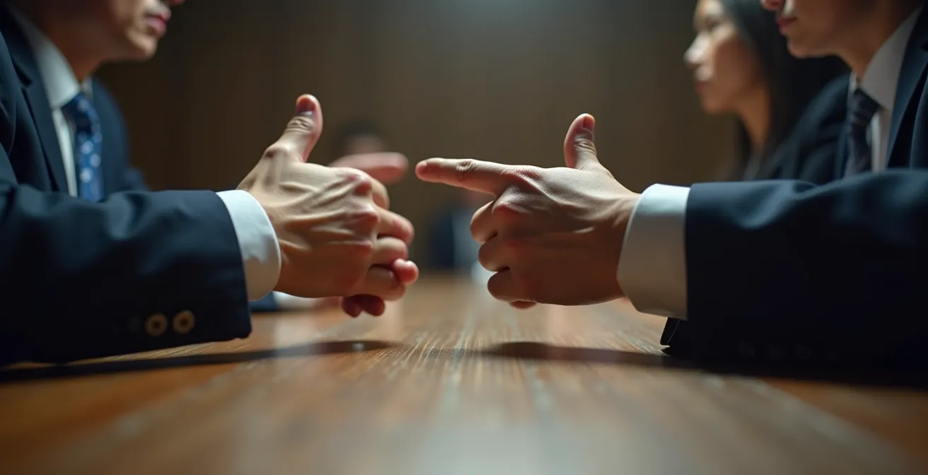 Gros plan sur des mains expressives lors d'un débat tendu avec jeu d'ombres dramatiques