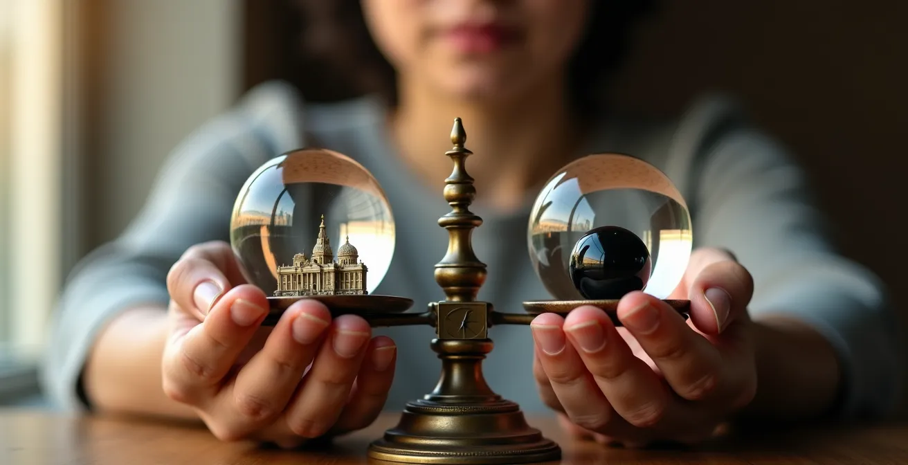 Balance de justice avec documents publics d'un côté et coffre-fort symbolisant le secret de l'autre