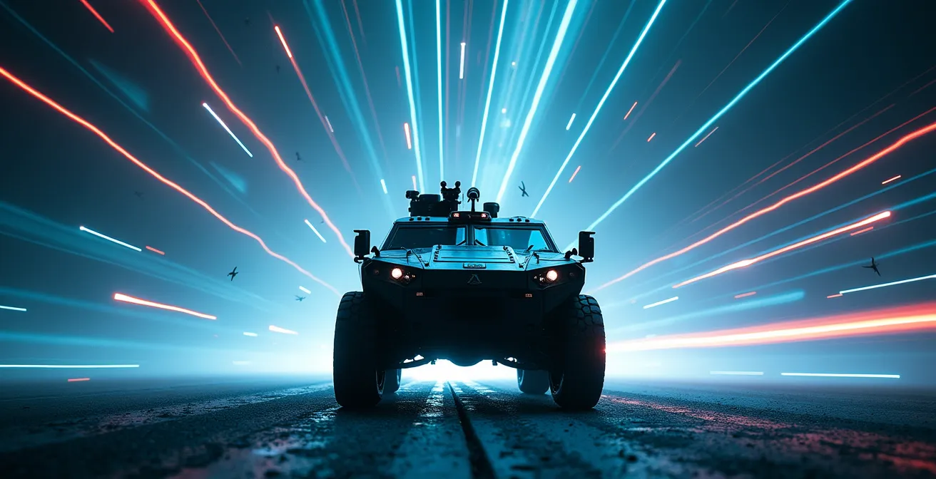 Véhicule blindé moderne entouré d'un dôme de protection électronique invisible