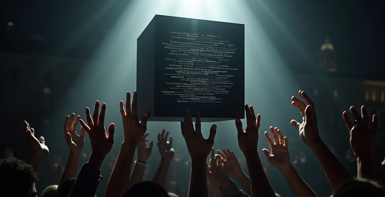 Cube noir opaque flottant au-dessus de mains tendues de citoyens, symbolisant l'inaccessibilité des algorithmes publics