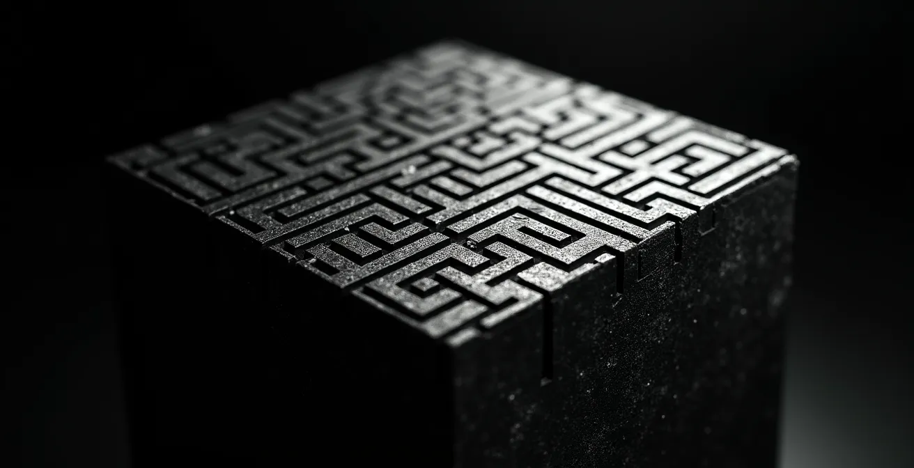 Photographie macro d'une structure cubique noire complexe avec des reflets métalliques mystérieux