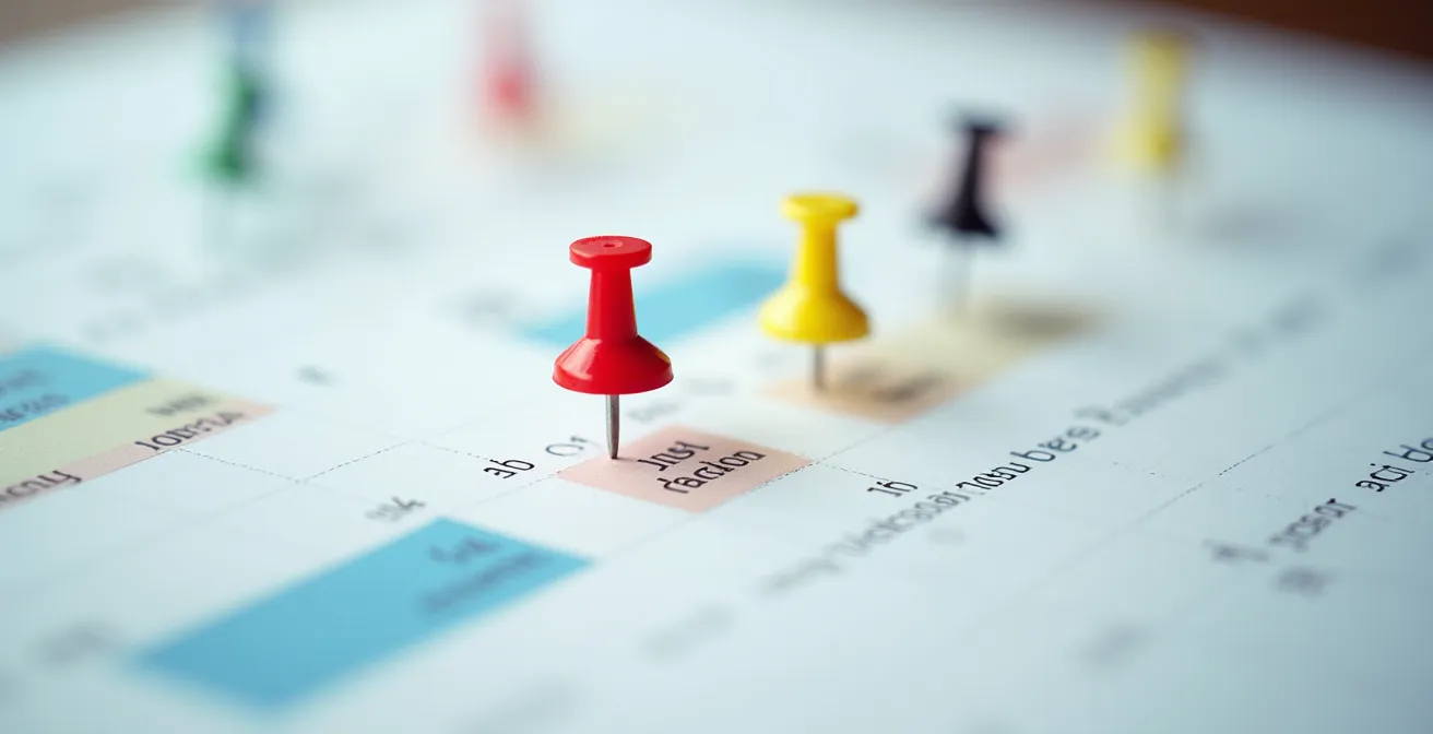 Vue macro de pages de calendrier avec épingles colorées marquant des dates clés