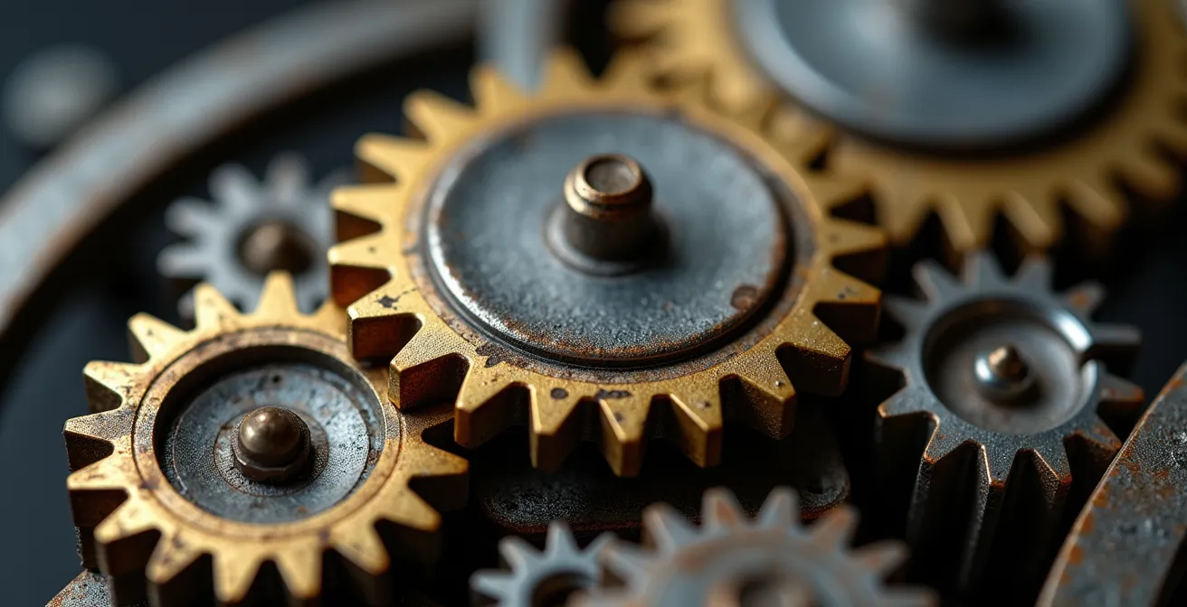 Vue macro d'engrenages métalliques symbolisant la transition industrielle progressive