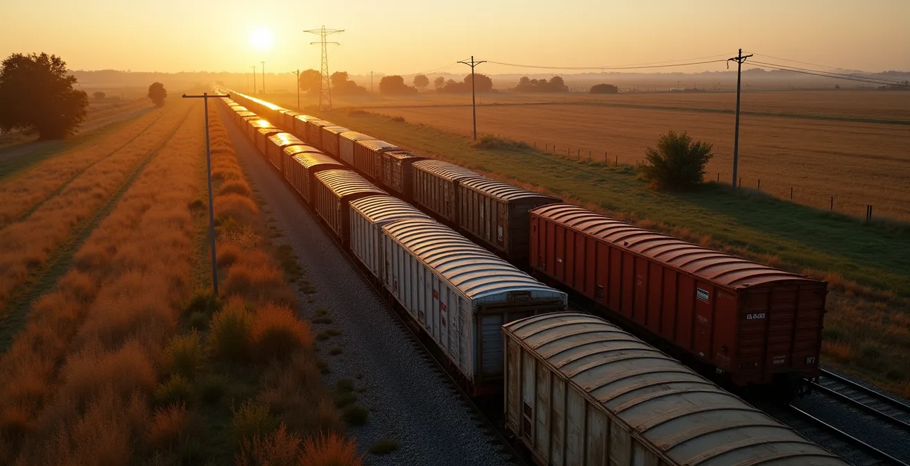 Vue aérienne d'un train de marchandises avec un wagon différent des autres