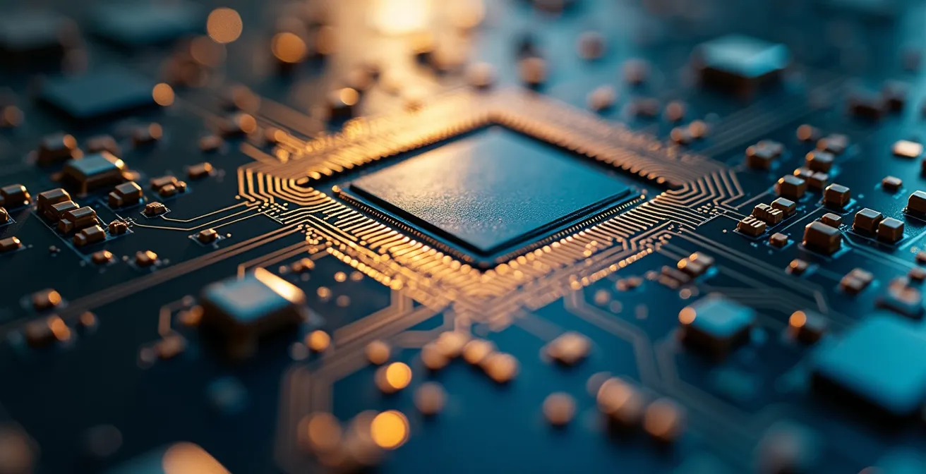 Visualisation macro d'une puce électronique avec mise en évidence des points de fragilité