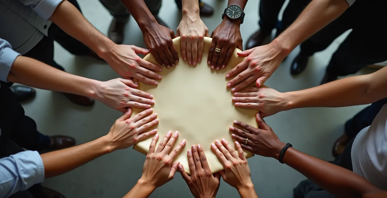 Mains multiples tenant ensemble un document symbolique de charte avec balance de justice floue en arrière-plan