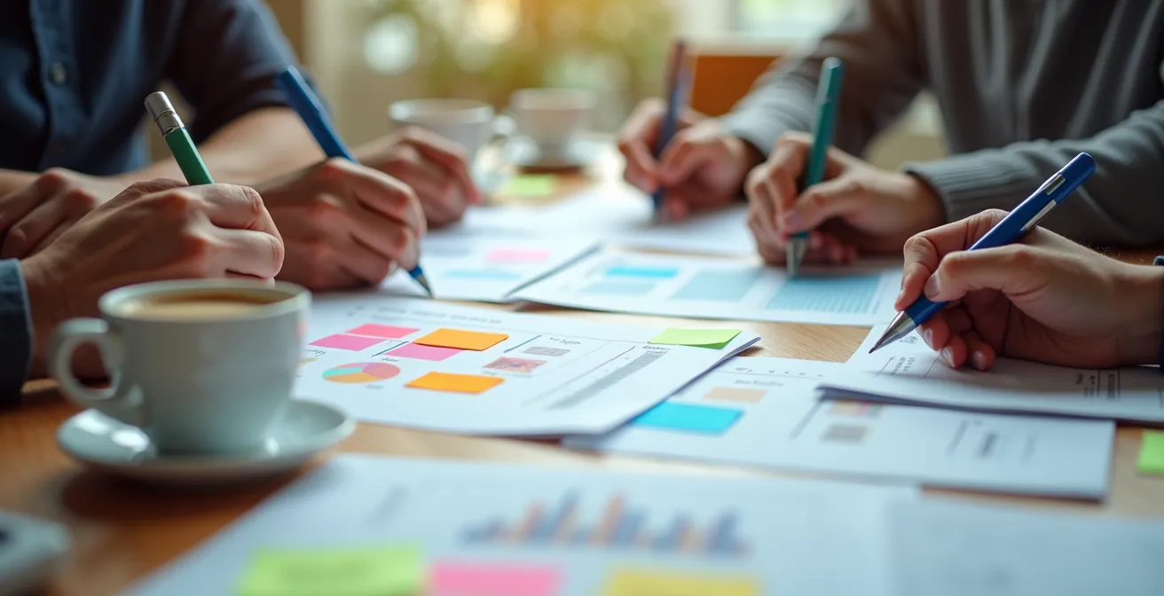 Vue macro de mains annotant des documents avec des données statistiques lors d'une réunion citoyenne