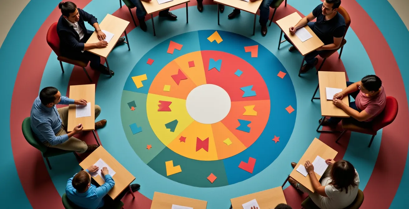 Vue aérienne d'une assemblée citoyenne en cercles concentriques avec participants diversifiés en discussion