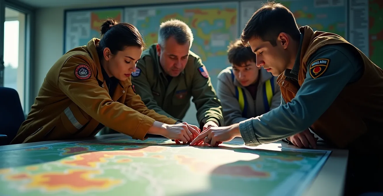 Salle de commandement unifié avec représentants de différentes organisations travaillant sur une carte opérationnelle commune