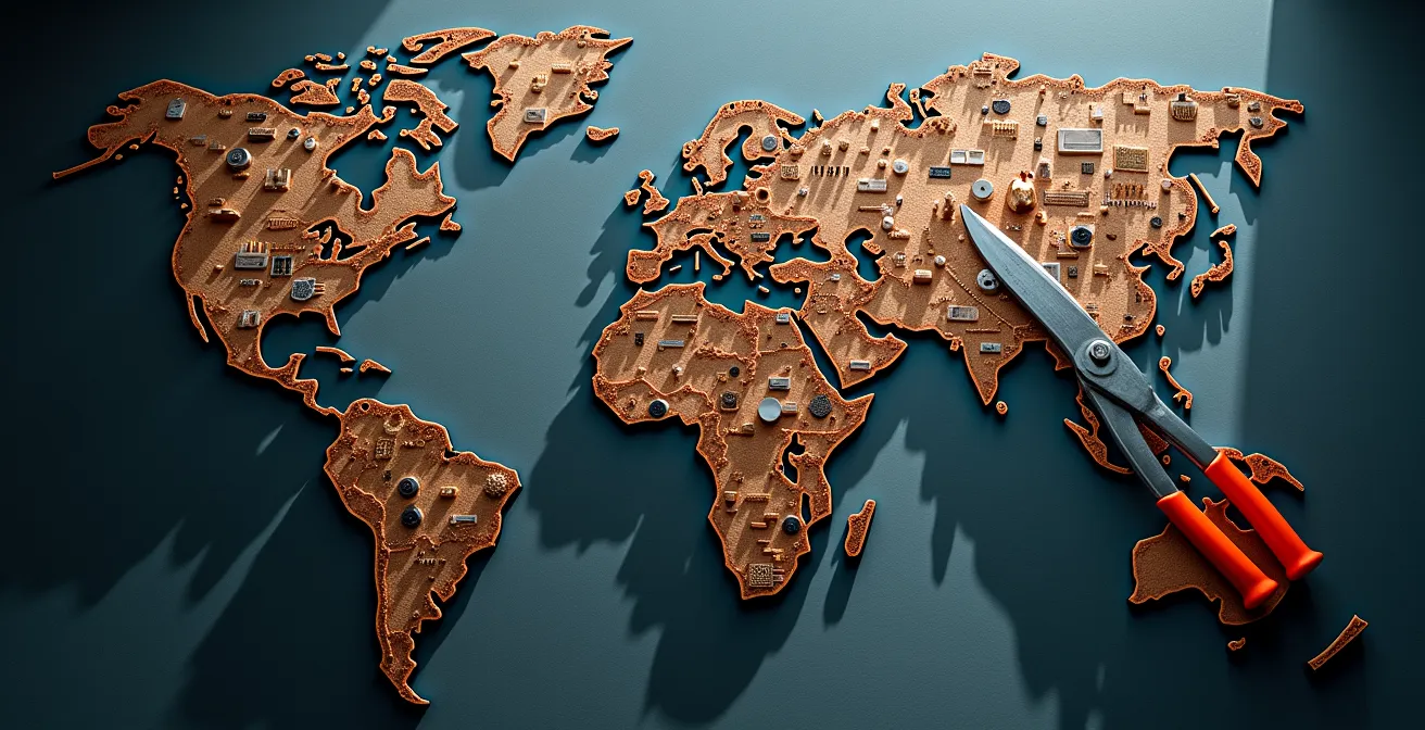 Carte stylisée de l'Asie-Pacifique montrant les flux commerciaux entre différents pays manufacturiers