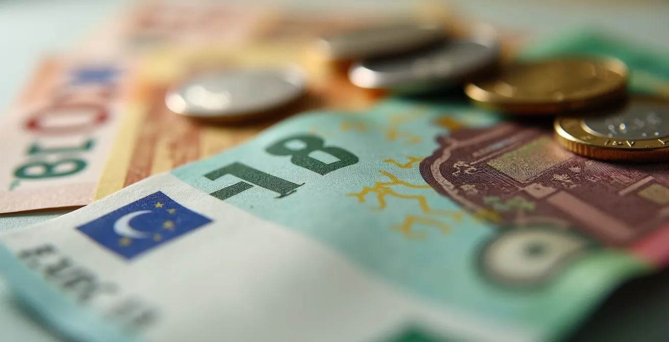 Composition macro de billets euros, pièces et documents financiers sans texte lisible