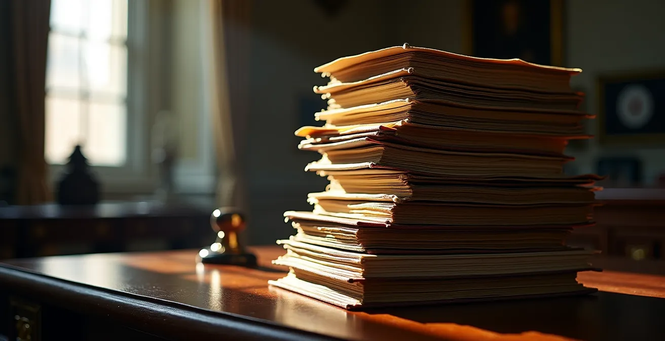 Pile de dossiers législatifs en attente sur un bureau ministériel avec tampon officiel flou en arrière-plan
