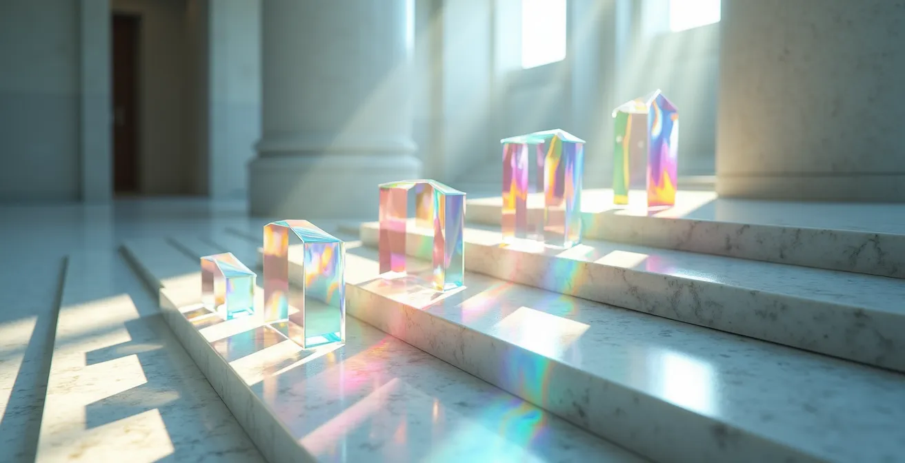 Représentation visuelle des différents échelons administratifs avec des prismes déformant la lumière symbolisant l'interprétation des lois