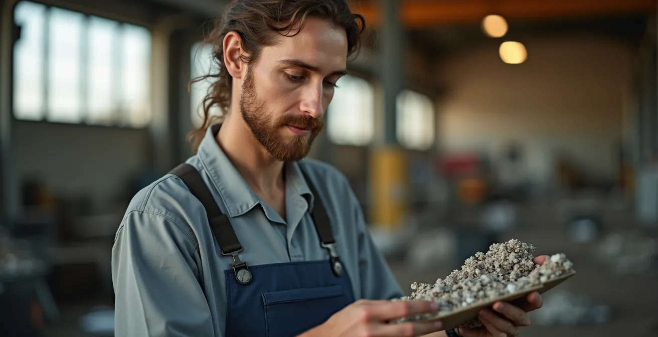 Portrait d'un technicien examinant des matériaux recyclés avec expression concentrée