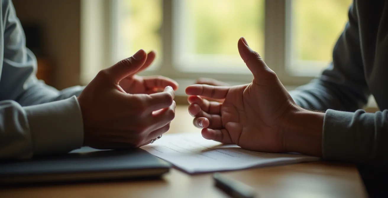 Gros plan sur des mains expressives lors d'une conversation calme et attentive
