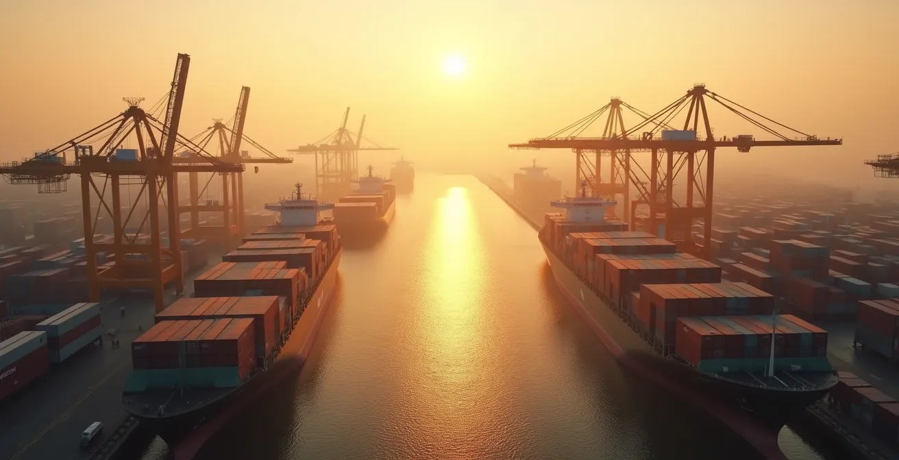 Port industriel moderne avec flux de containers et navires symbolisant les échanges commerciaux équilibrés