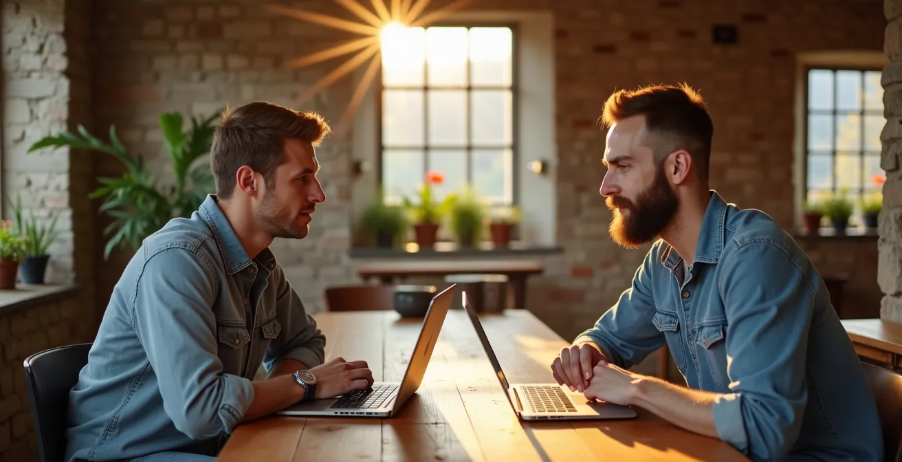 Espace de coworking moderne dans un bâtiment rural rénové avec entrepreneurs au travail