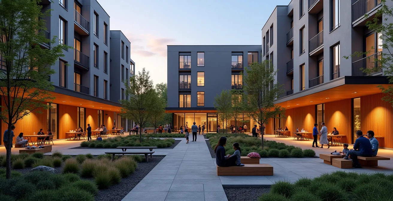 Cour intérieure d'un immeuble d'habitat social avec espaces partagés et jardins communautaires