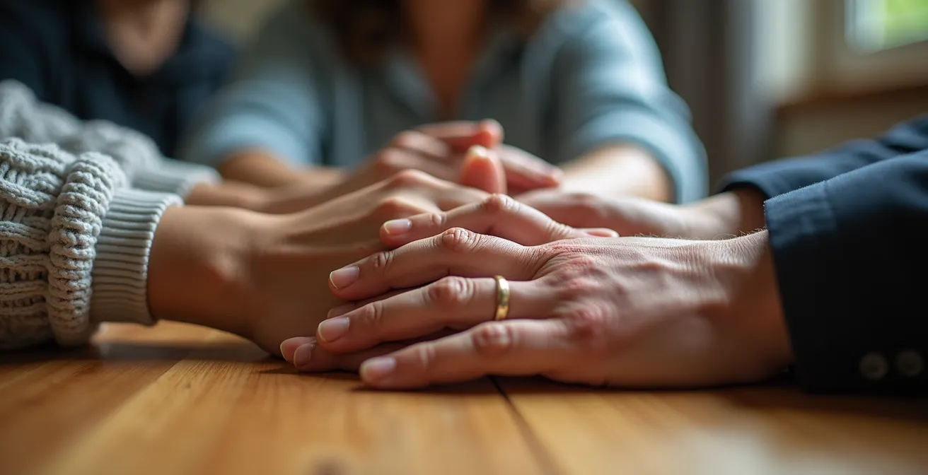 Gros plan sur les mains de participants formant un cercle de médiation lors d'une assemblée citoyenne