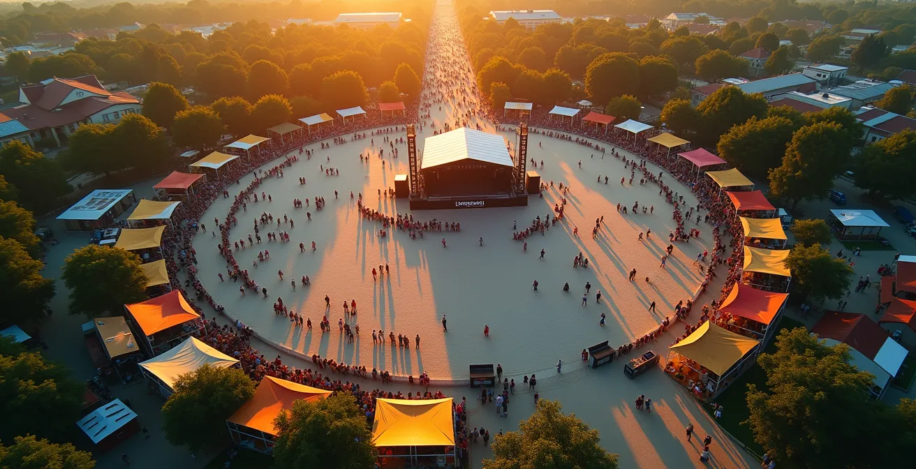Vue aérienne d'un festival traditionnel avec scène circulaire entourée de stands artisanaux et de public multiculturel