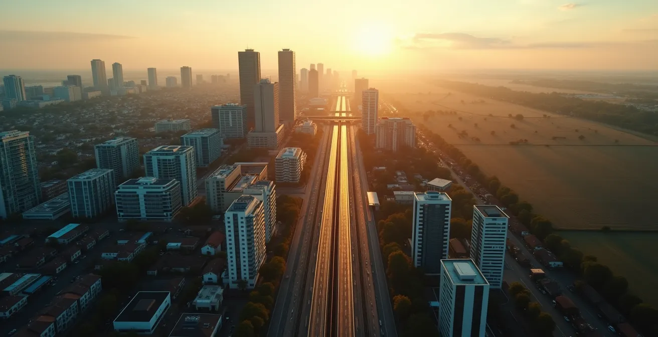 Vue aérienne contrastée montrant la transition entre zone urbaine dense et périphérie rurale