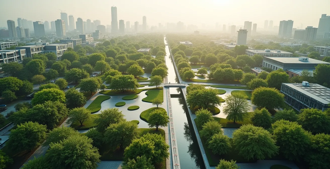 Vue aérienne d'un quartier urbain avec végétalisation intensive et couloirs de ventilation naturelle