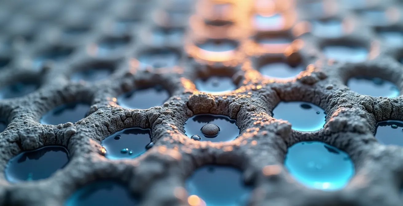 Macro détail d'un matériau à changement de phase intégré dans une structure routière