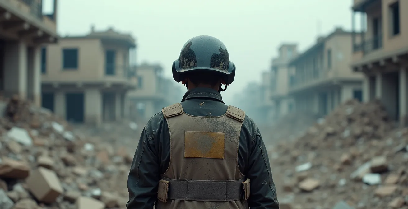 Journaliste en gilet de protection dans un environnement urbain dévasté, prise de vue grand angle montrant l'ampleur de la zone de conflit