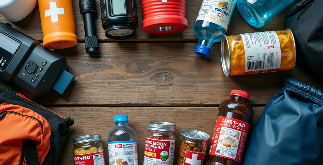 Kit d'urgence 72 heures disposé sur une table avec fournitures essentielles pour faire face à une inondation