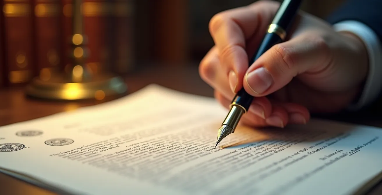 Gros plan sur des mains rédigeant un amendement parlementaire avec des documents juridiques en arrière-plan