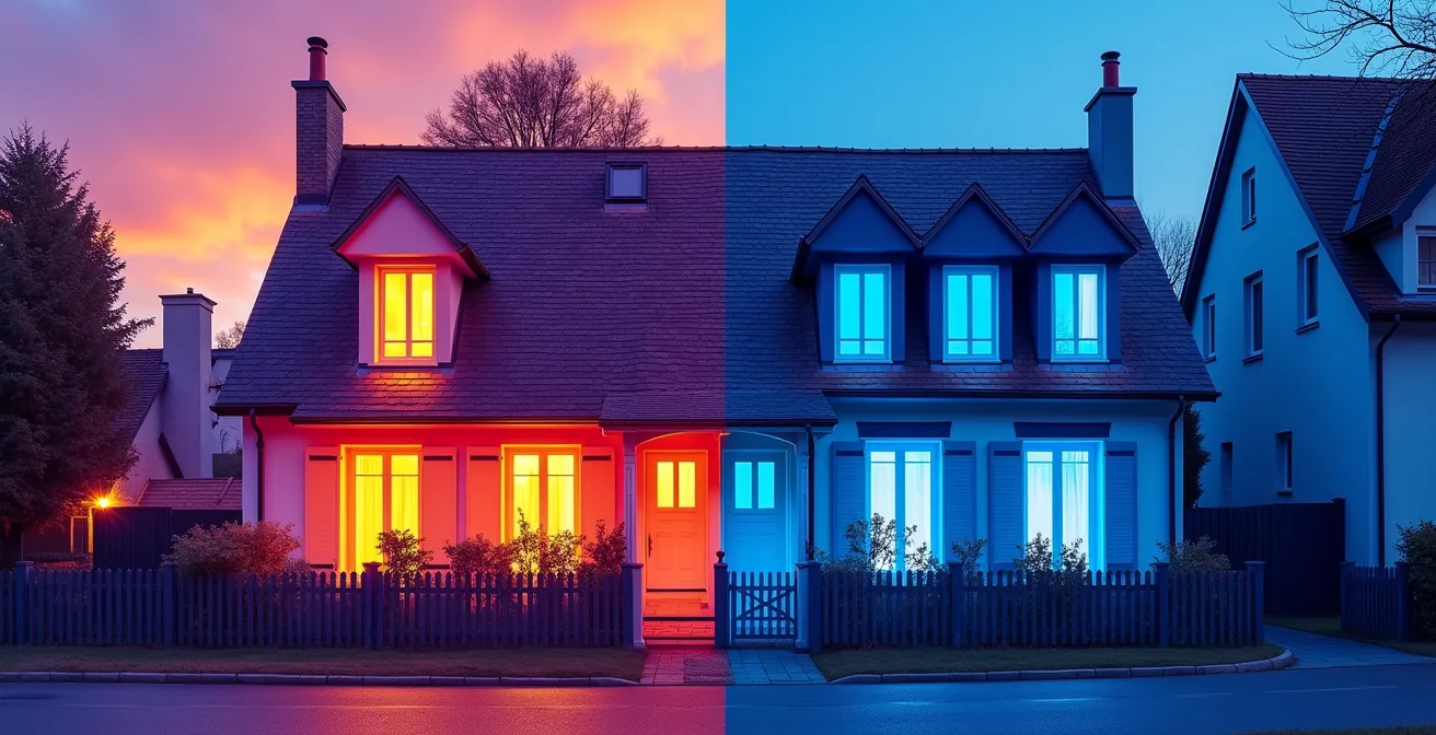 Vue thermographique comparative d'une maison montrant les déperditions énergétiques avant et après rénovation