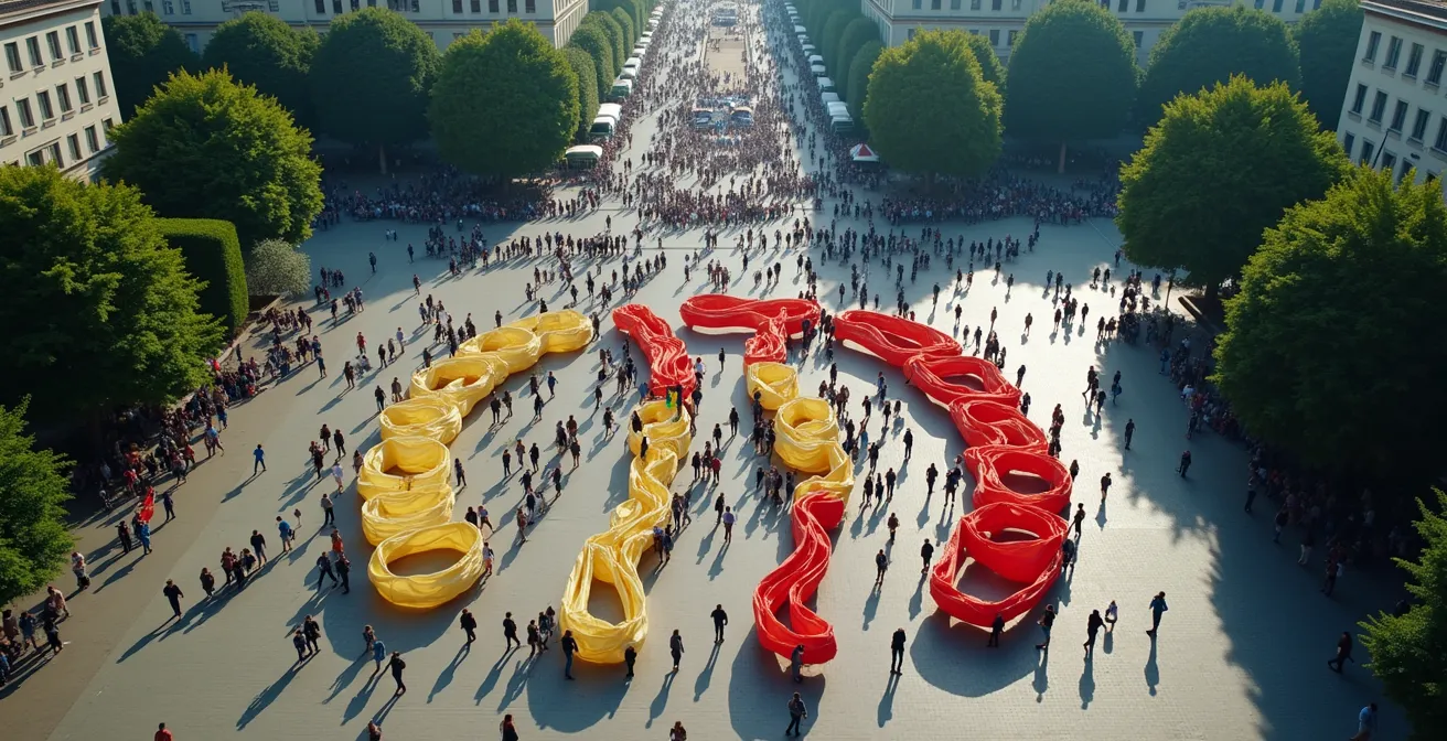 Vue aérienne d'une manifestation pacifique montrant l'organisation collective sans identification individuelle