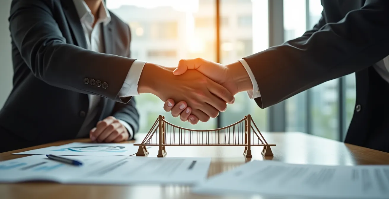 Deux professionnels se serrant la main au-dessus d'une table de négociation dans un environnement moderne