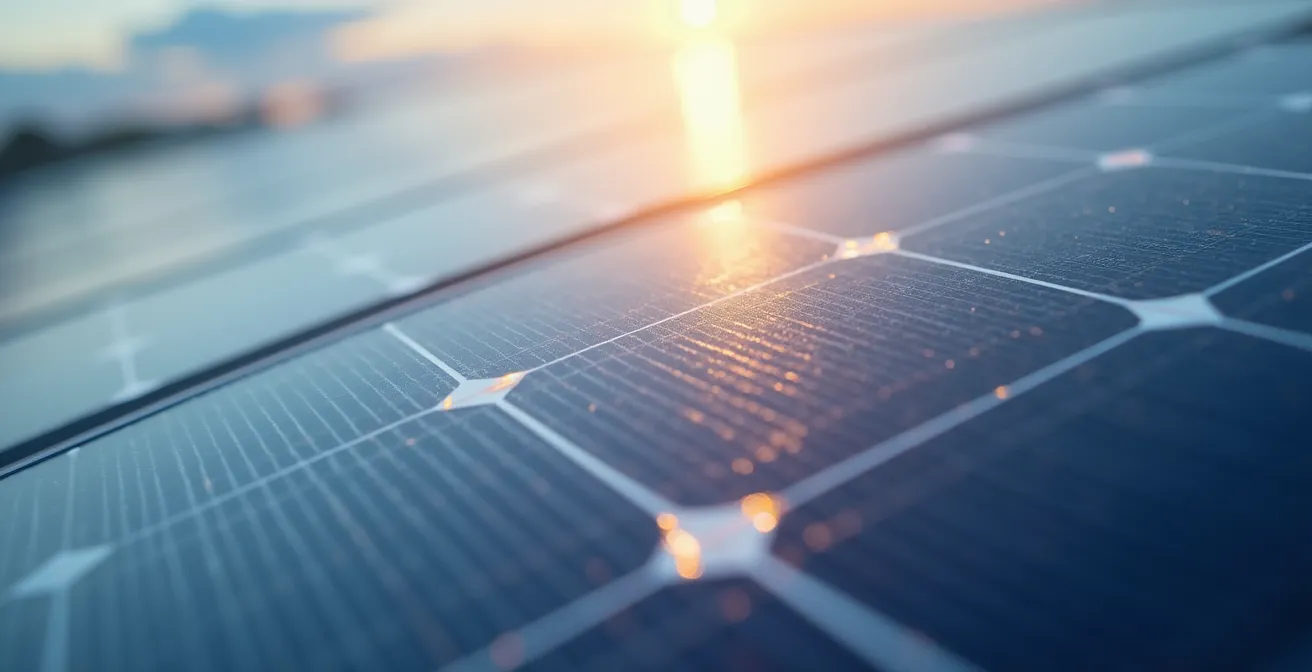 Gros plan macro sur la surface d'un panneau solaire bifacial montrant les cellules photovoltaïques et les reflets de lumière