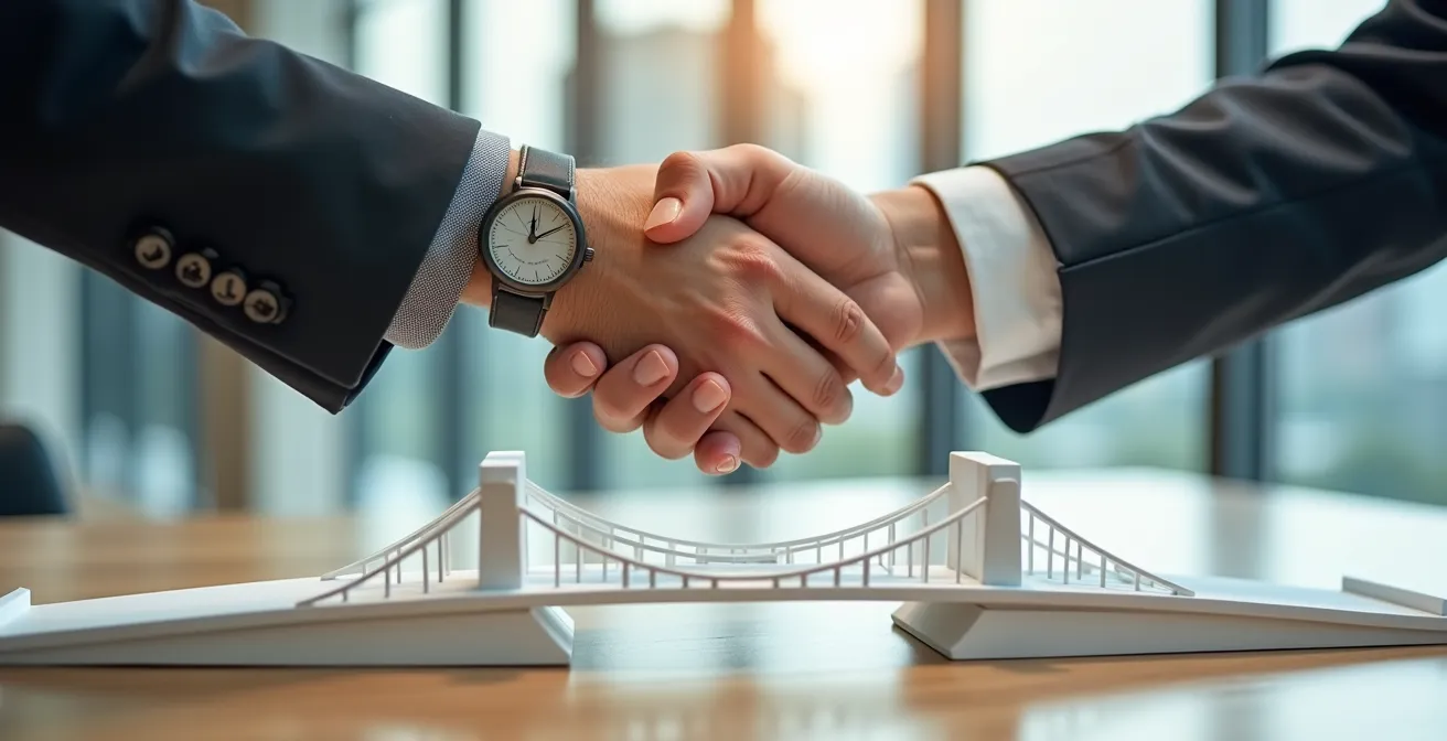 Mains de partenaires public et privé se serrant au-dessus d'une maquette de pont moderne