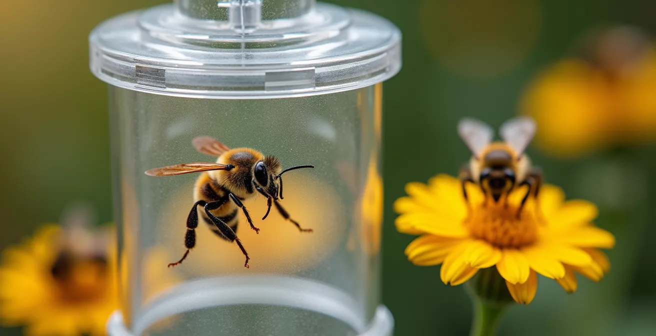 Gros plan macro sur un piège sélectif avec frelon asiatique capturé