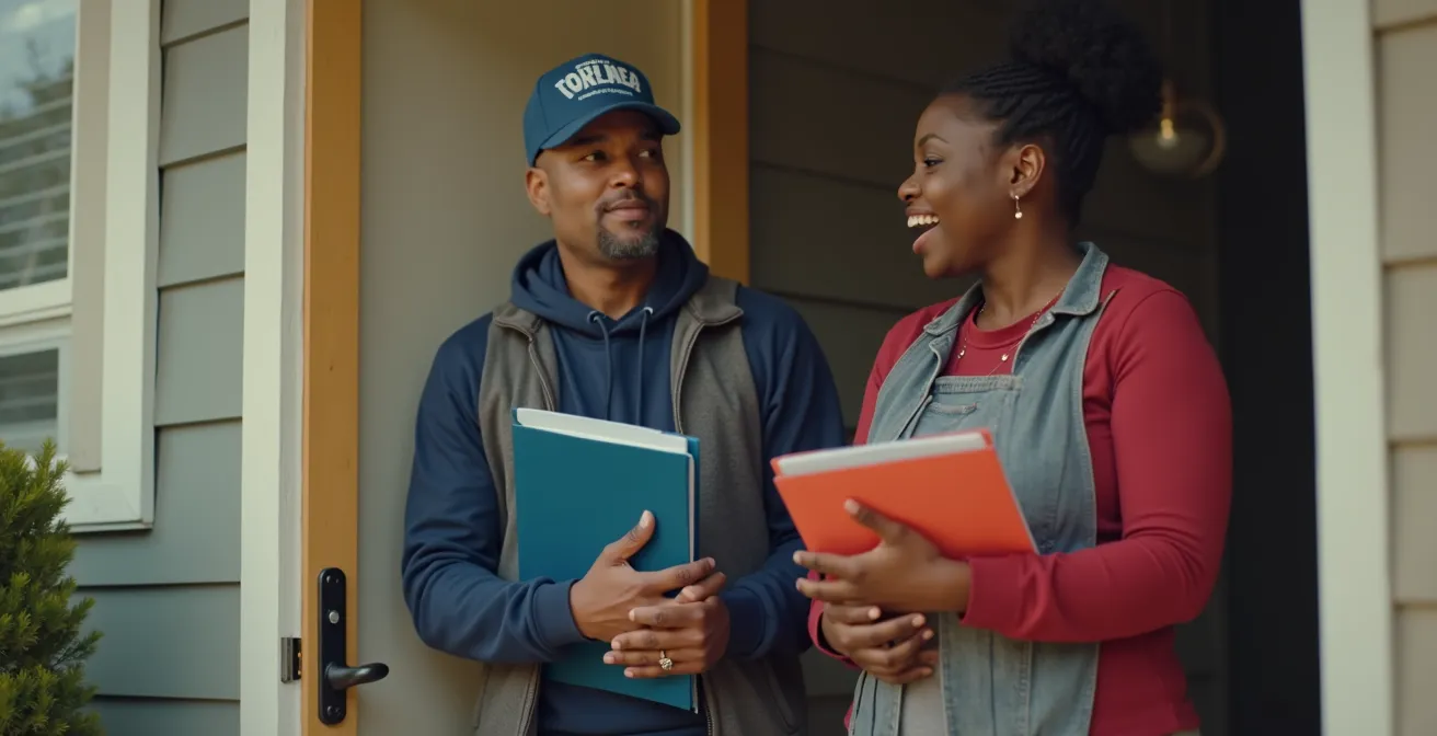 Militants faisant du porte-à-porte dans un quartier résidentiel pour mobiliser les électeurs