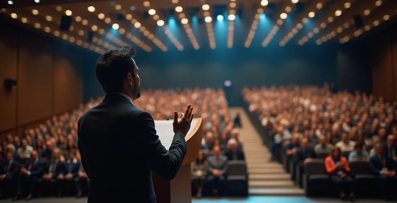 Orateur devant un public attentif avec des gestes explicatifs dans un auditorium moderne