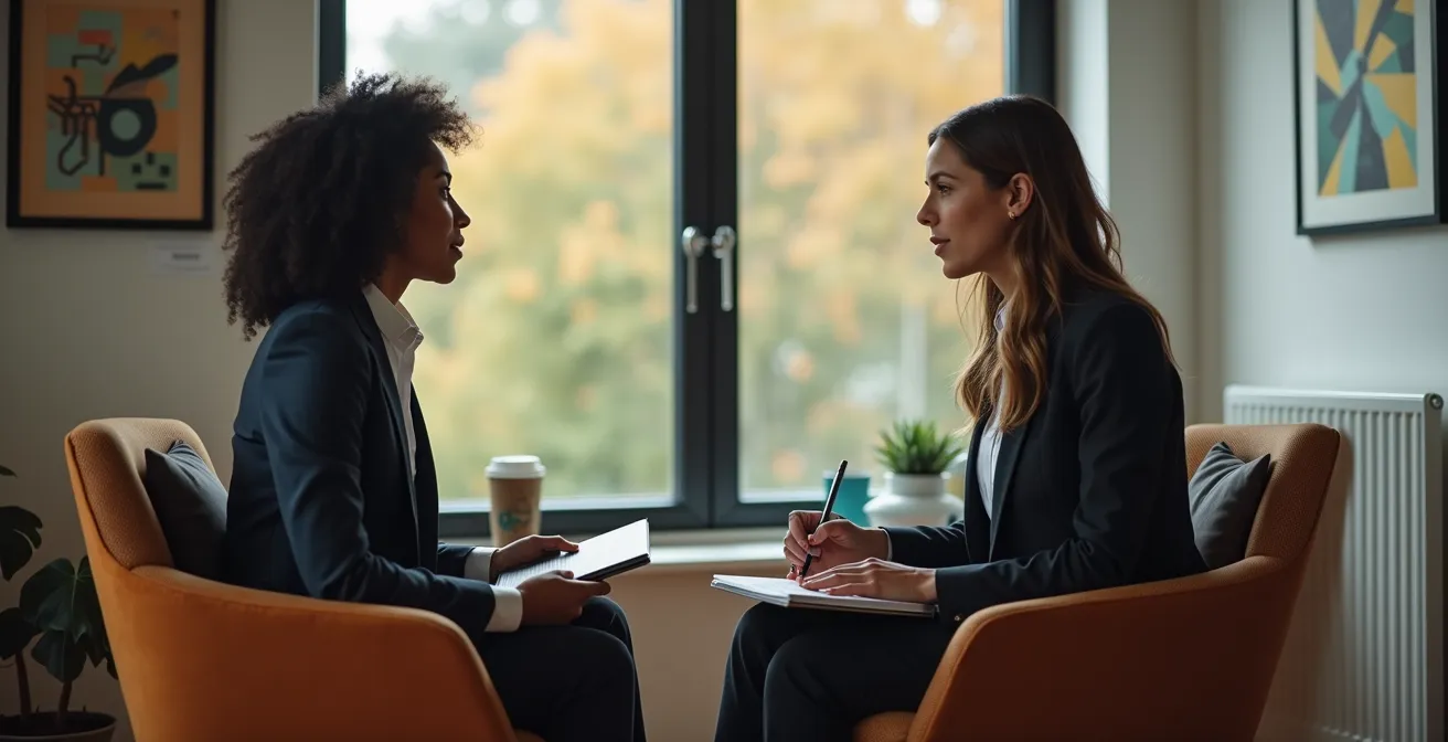 Session de mentorat entre un cadre expérimenté et un jeune talent dans un espace de travail moderne