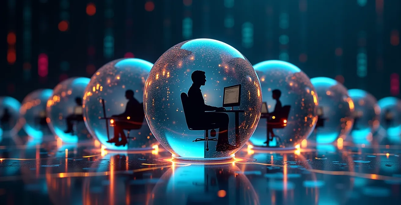 Représentation abstraite de la sécurité numérique avec des couches de protection symbolisées par des sphères concentriques transparentes