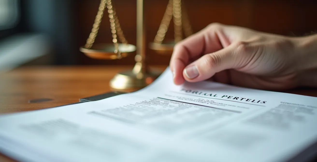 Main tenant un document juridique avec balance de justice floue en arrière-plan