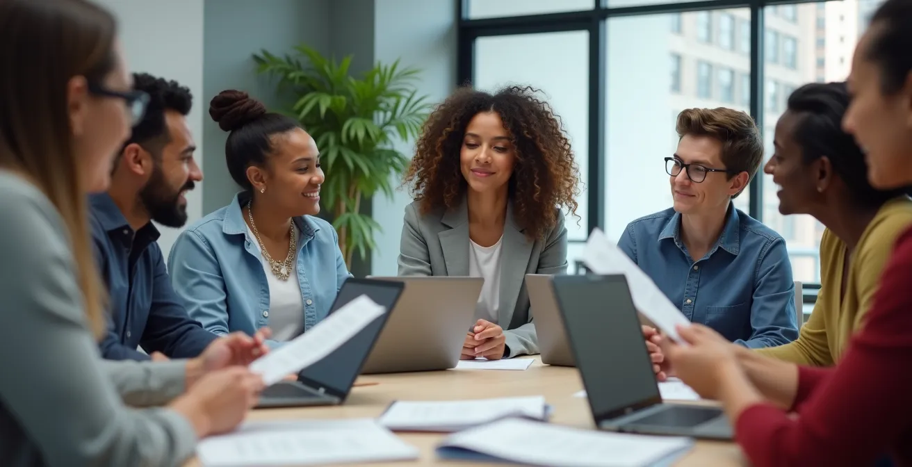 Groupe de travail citoyen autour d'une table avec documents vus de côté dans un espace lumineux