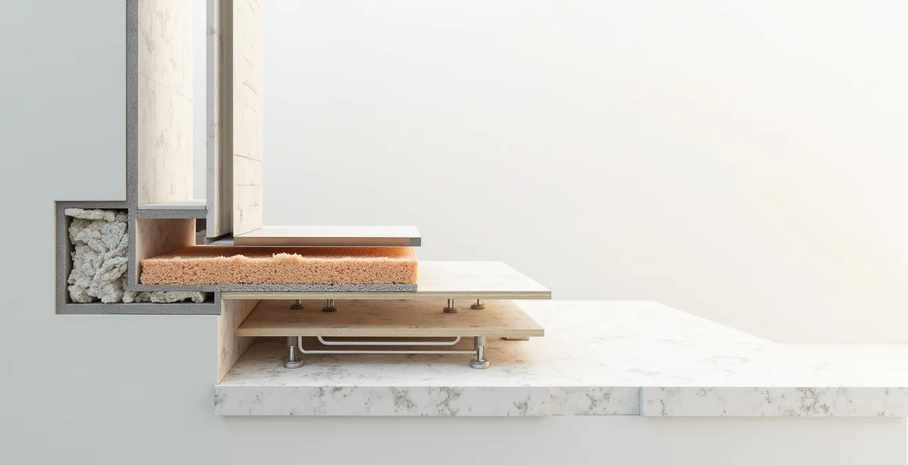 Vue en coupe d'un bâtiment montrant l'isolation thermique et les technologies modernes de chauffage en synergie