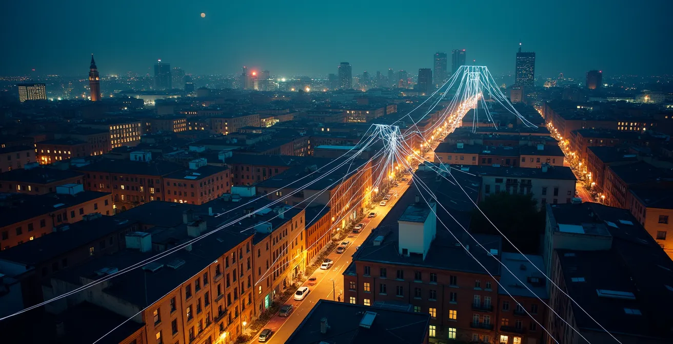 Réseau de connexions lumineuses reliant différents espaces créatifs dans une ville la nuit