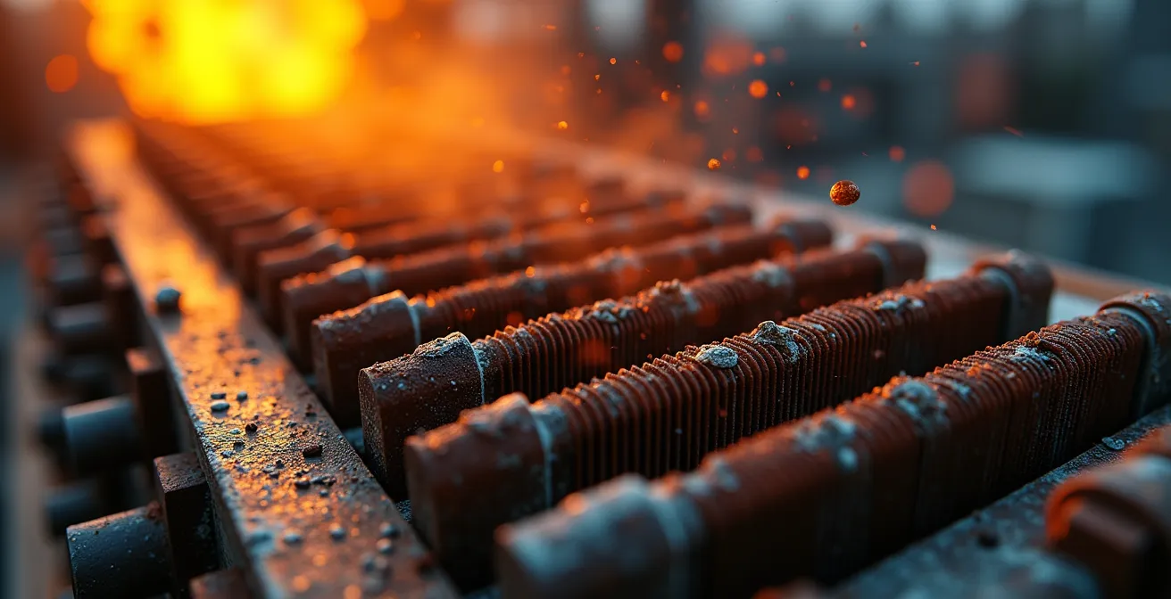 Macro détail de transformateur électrique avec condensation et signes de surchauffe