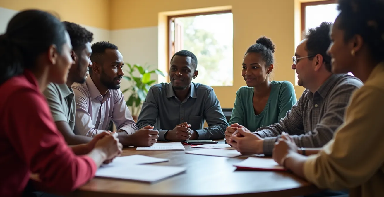 Réunion de travail montrant une collaboration équilibrée entre partenaires locaux et internationaux
